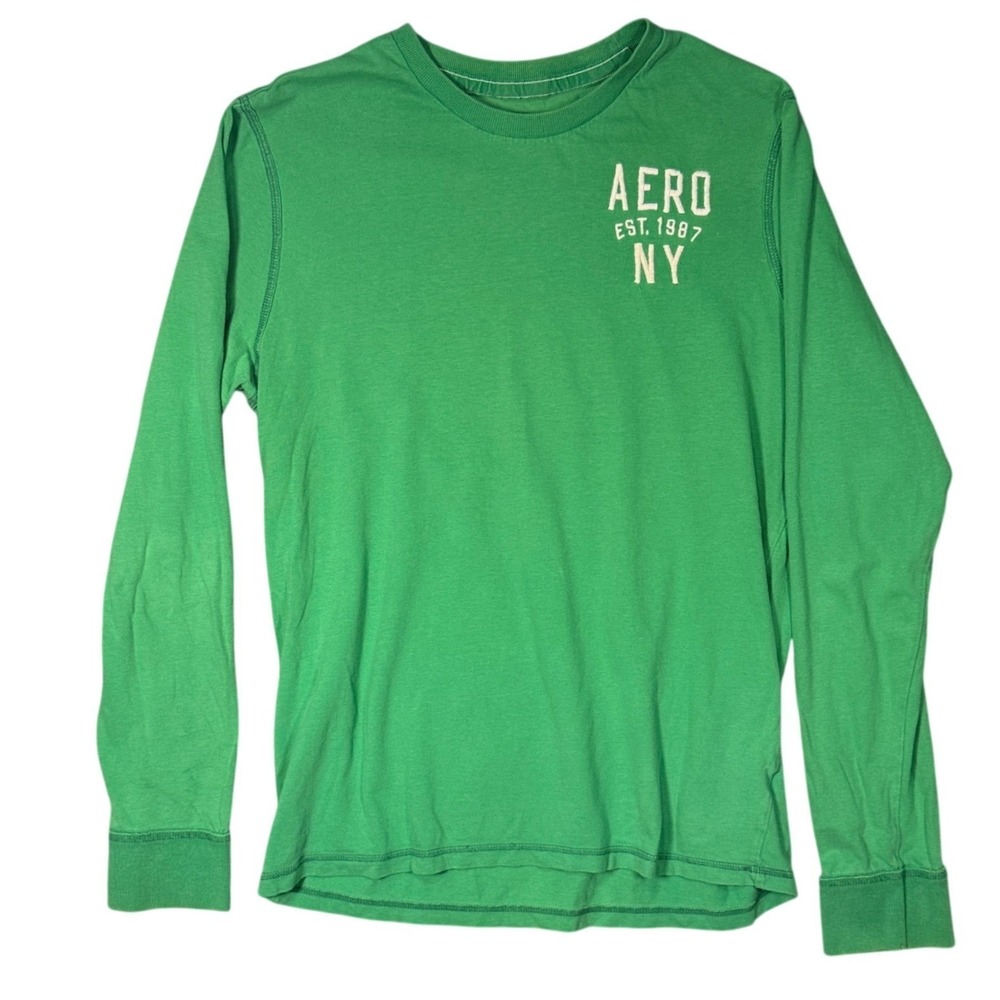 Aeropostale Long Sleeve Tee Mens Graphic Logo Large Green Cotton Y2K Streetwear